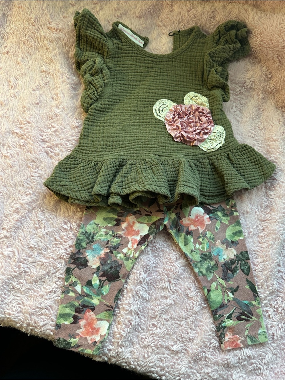 Bonnie Baby Olive Green Ruffle Sleeve with Flower Applique